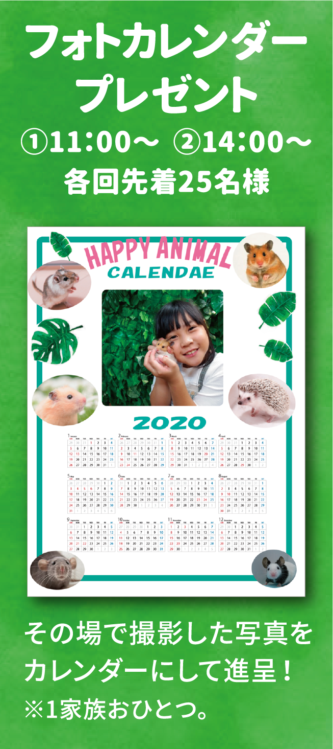 フォトカレンダープレゼント 11:00〜 14:00〜 各回先着25名様 その場で撮影した写真をカレンダーにして進呈! 1家族おひとつ